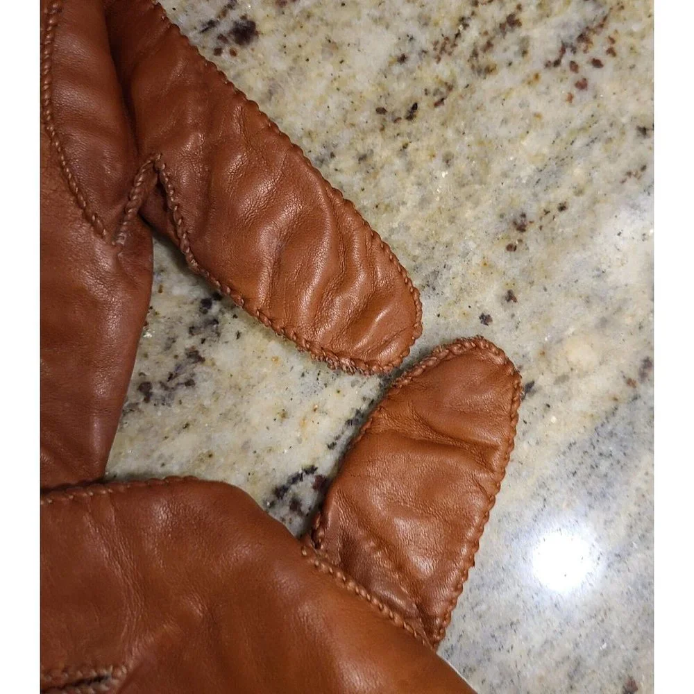 Vintage Size M 7 Brown Leather And Knit Handmade Gloves Hammer Of Hollywood